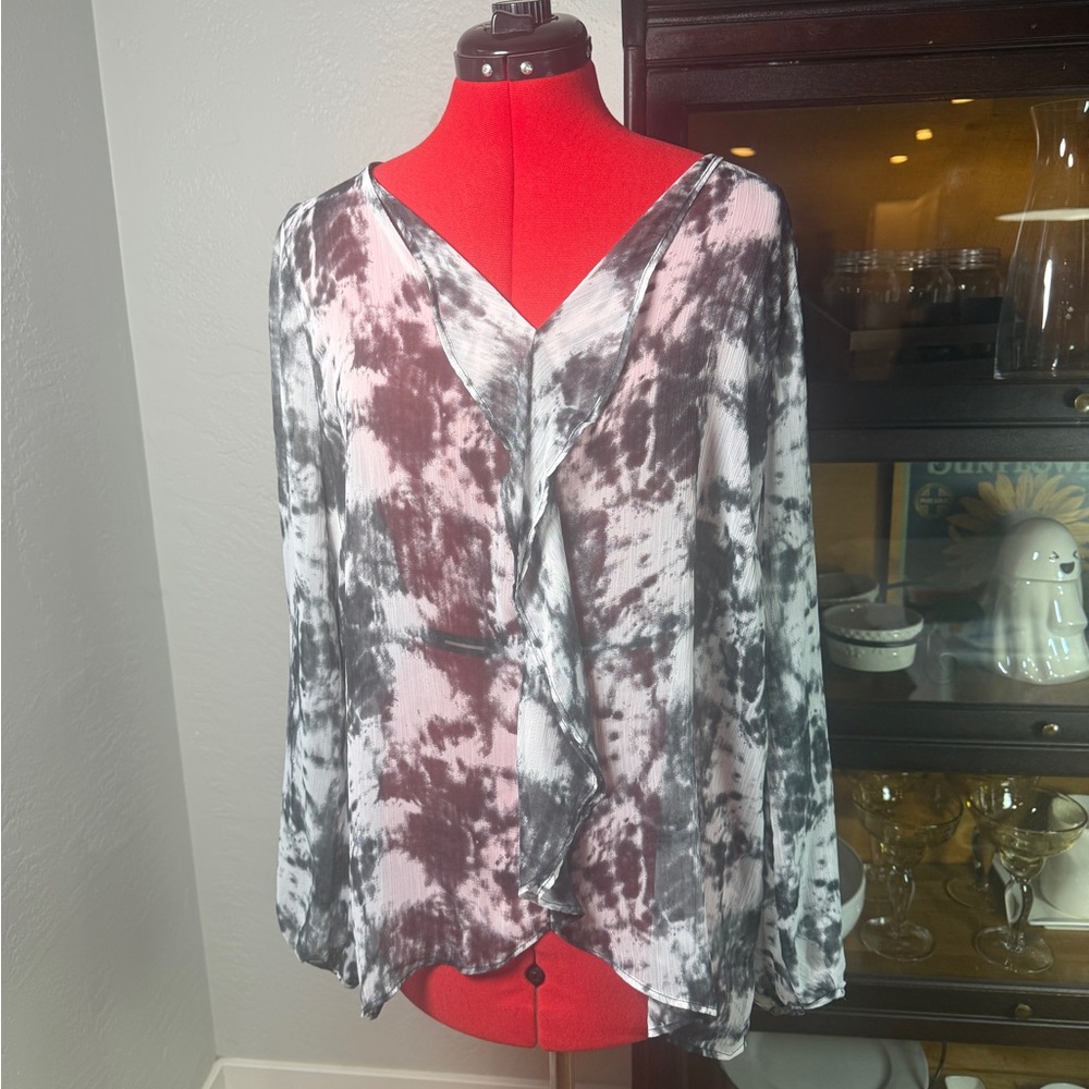 Perch by Blu Pepper Tie Dye Black White Long Sleeve Flowy Top Plus Size 1X
